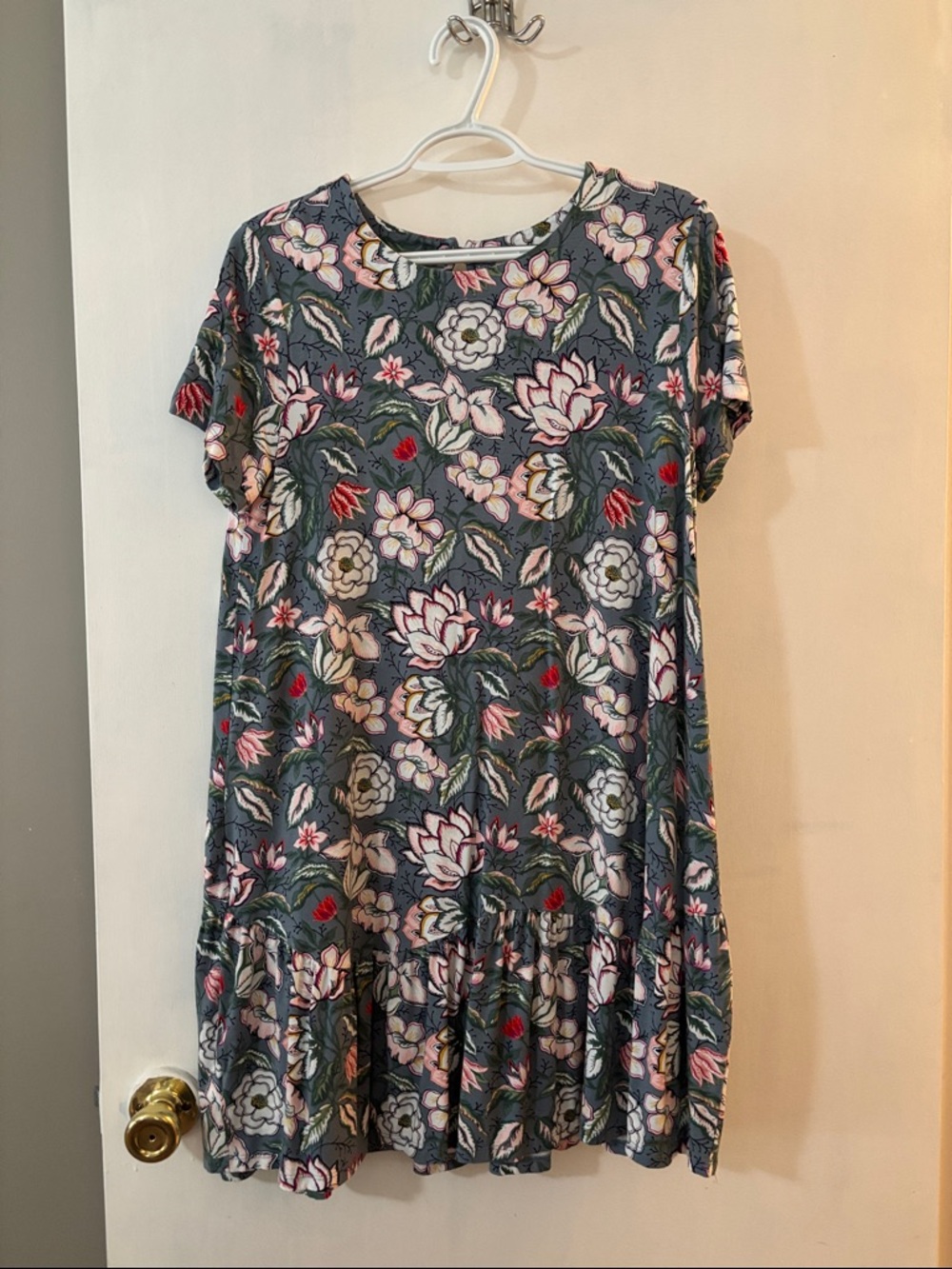 LOFT Floral Midi Dress in Slate Blue with Pink and Green Accents